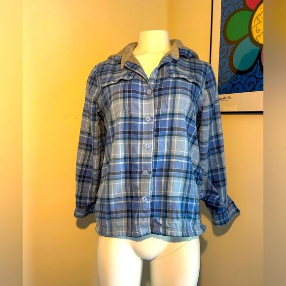 LL Bean womens Flannel Fleece Lined Shirt with Hood Size S Petite - Picture 1 of 6